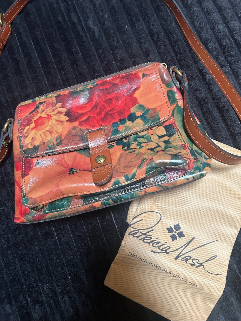 Patricia Nash Orange Floral Leather Crossbody with Brown Strap